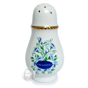 Eau de Gucci Powder Shaker Blue Florals Ceramic Home Decor Vintage Empty